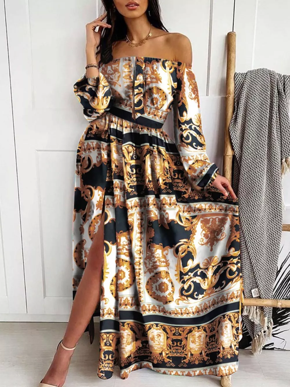 Slit Printed Off Shoulder Maxi Dress, image 6