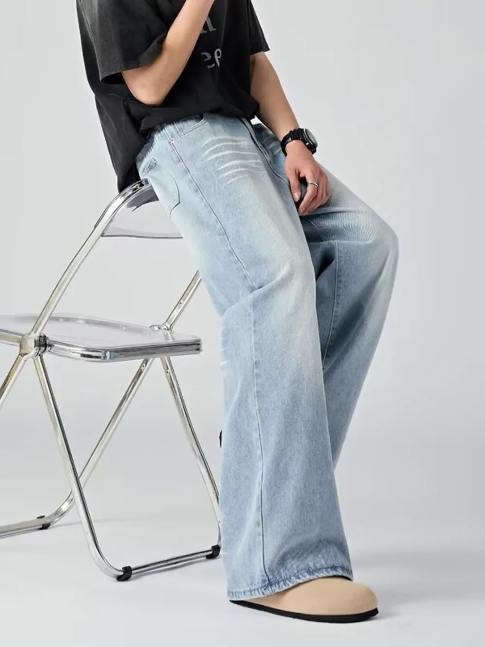 Men's Plus Size Wide Leg Wash Jeans, image 3