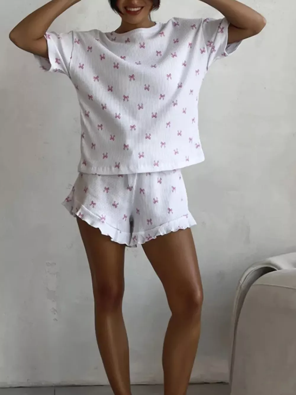 Ribbed Knit Bow Print Top and Shorts Lounge Set, image 3