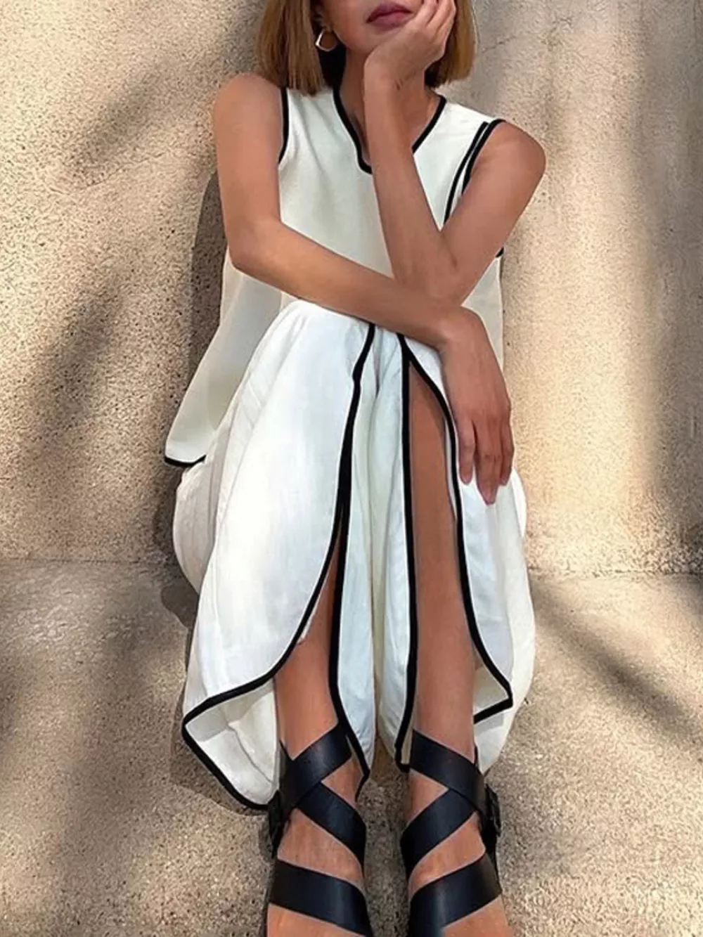 Contrast Trim Sleeveless Top and Wide-Leg Pants Set, image 3