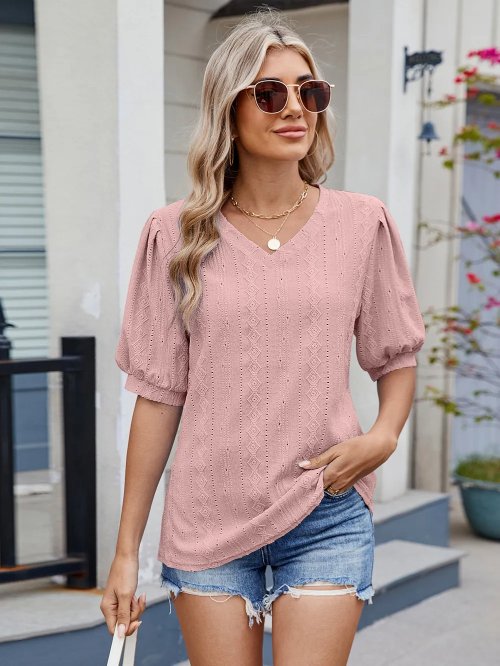 Eyelet V-Neck Puff Sleeve Casual Top, image 4