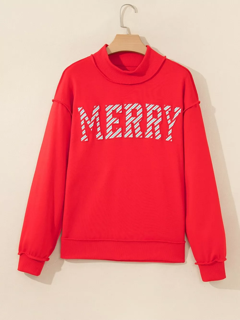 Embroidered Merry Slogan Stand Neck Long Sleeve Sweatshirt, image 8
