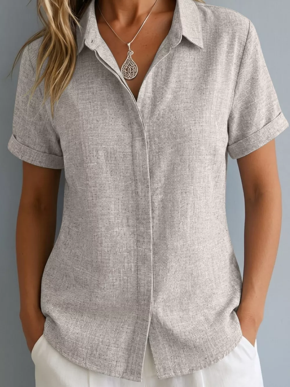 Full Size Collared Neck Short Sleeve Shirt Plus Size, image 7