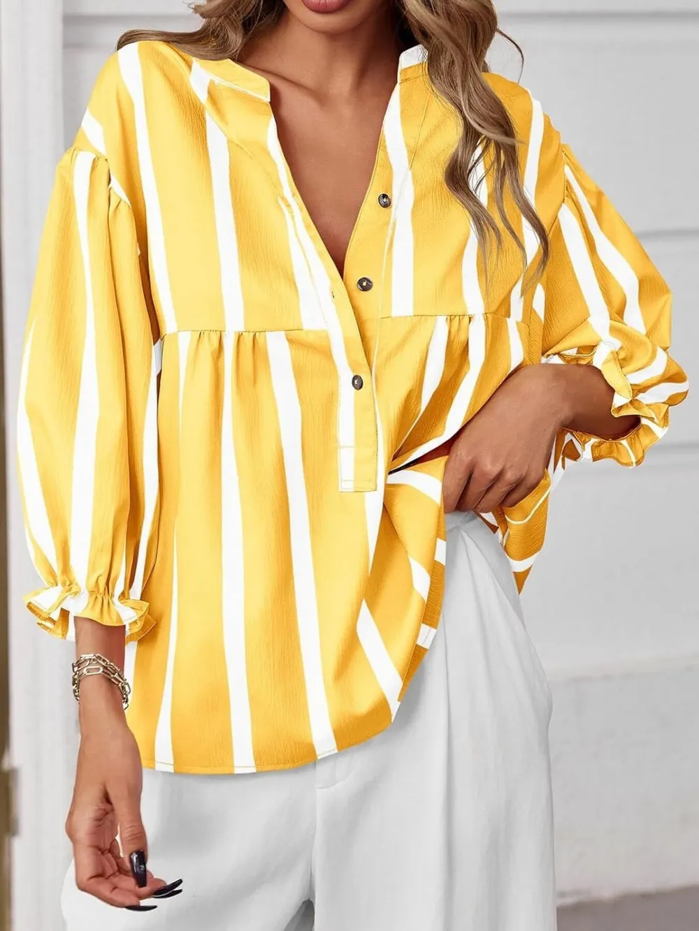 Striped Button Front Notched Blouse, image 3