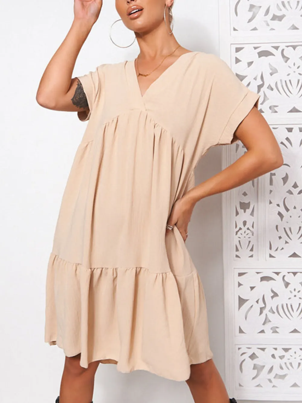 V-Neck Babydoll Tiered Mini Dress, image 4