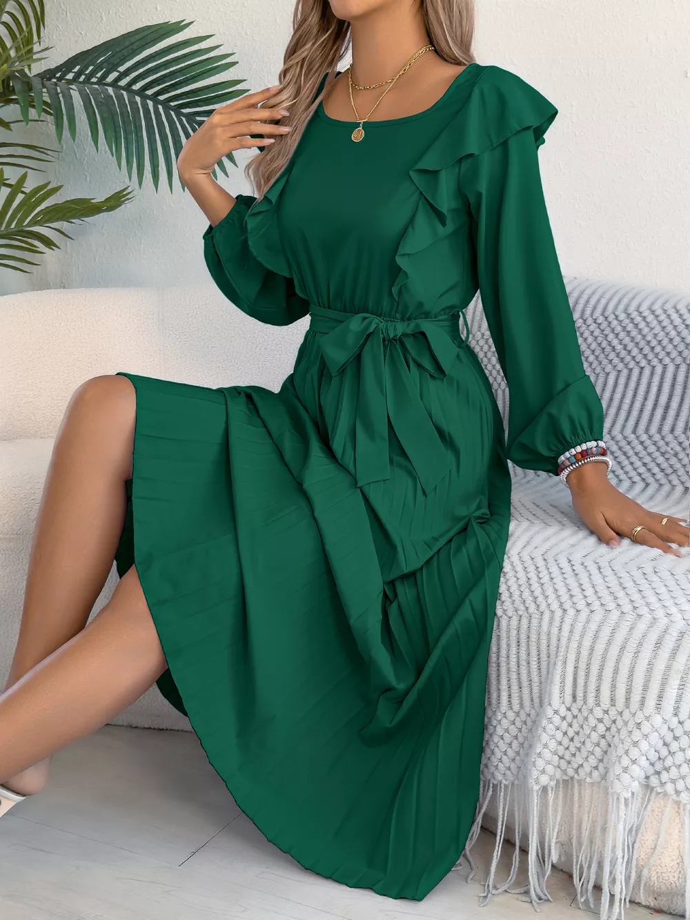 Ruffled Pleated Midi Dress with Waist Tie, image 12