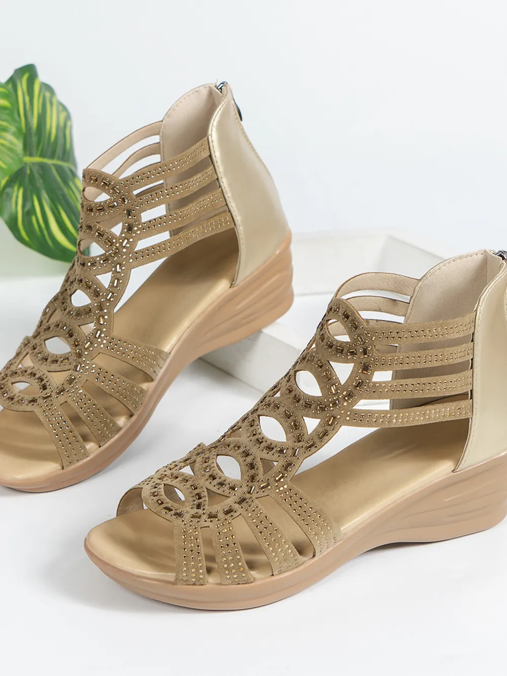 Strappy Wedge Sandals with Rhinestone Details, image 7