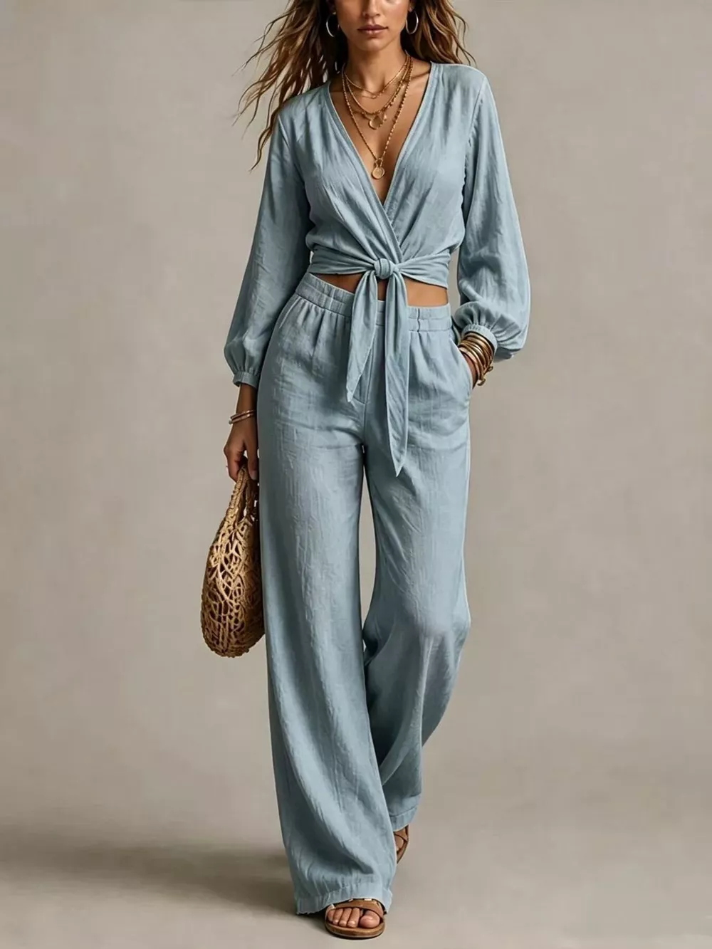 Tie-Front Crop Top and Wide-Leg Pant Set, image 9