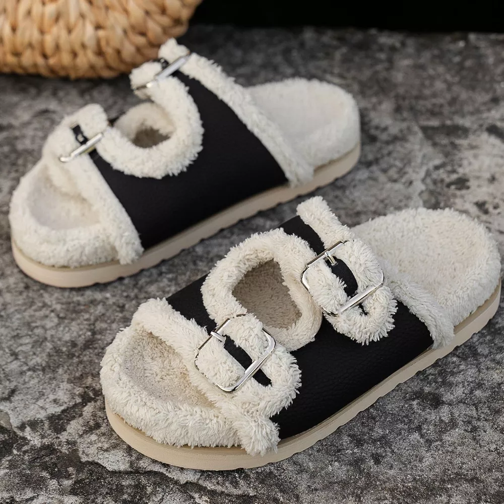 Buckle Decor Plush Lined Platform Slippers, image 9