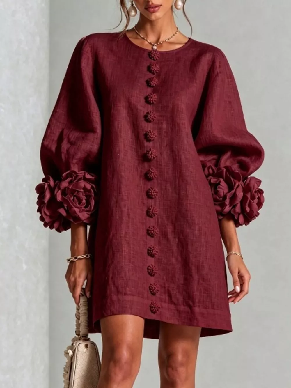 Full Size 3D Floral Sleeve Round Neck Dress Plus Size, image 17