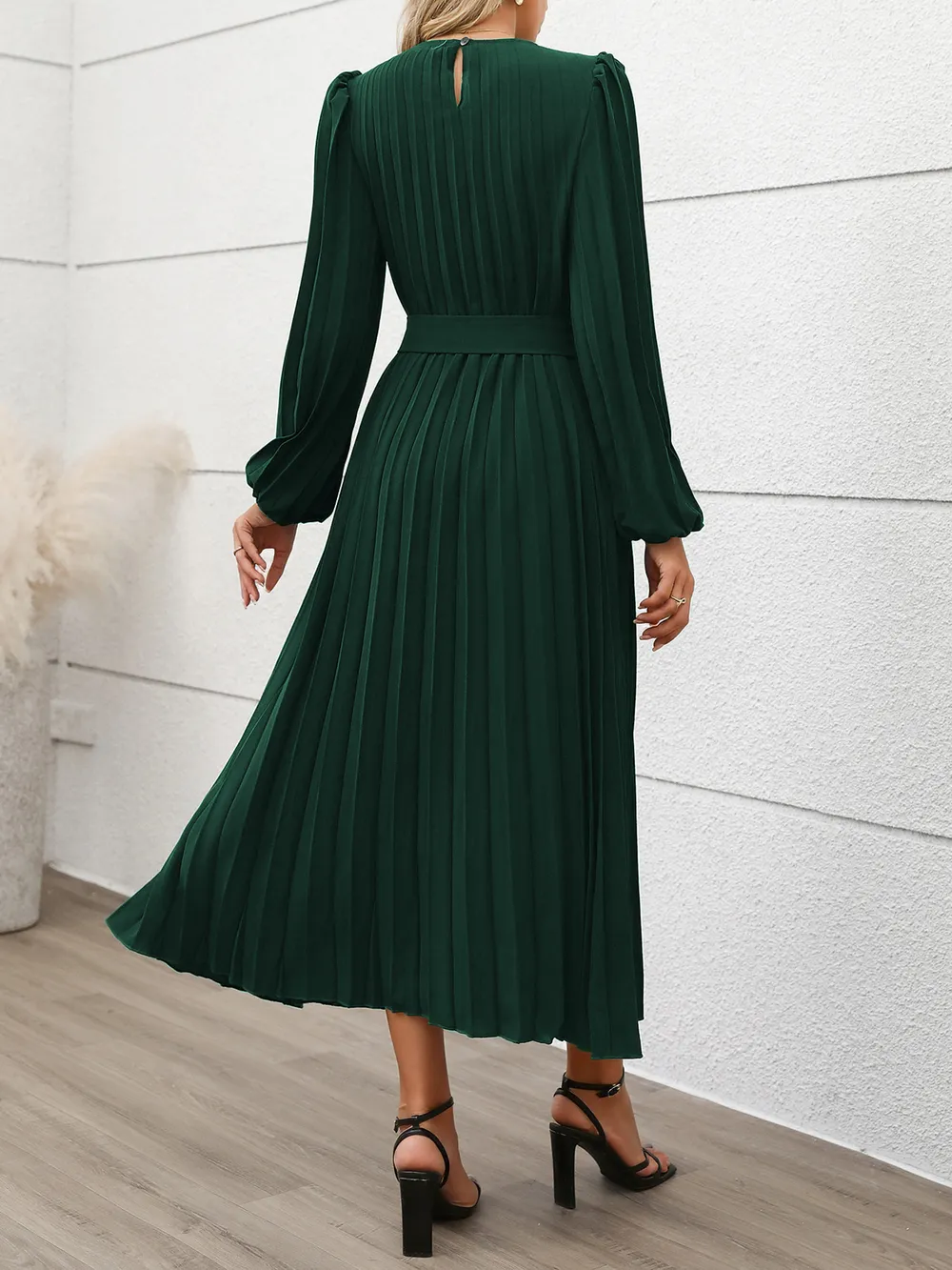 Pleated Round Neck Long Sleeve Dress, image 5