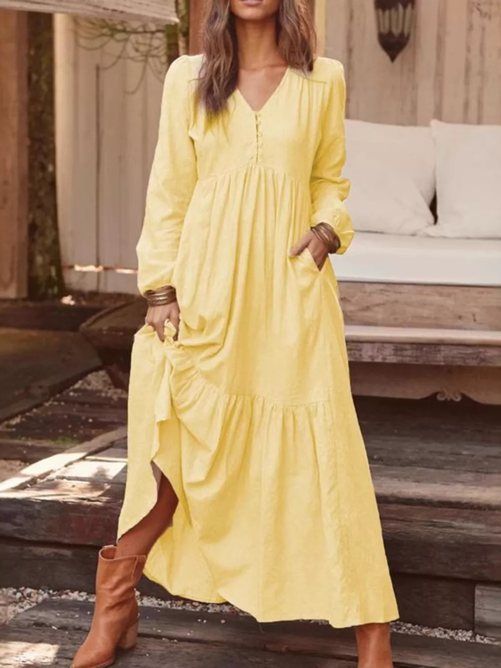 Full Size V-Neck Long Sleeve Tiered Maxi Dress with Pockets Plus Size, image 11