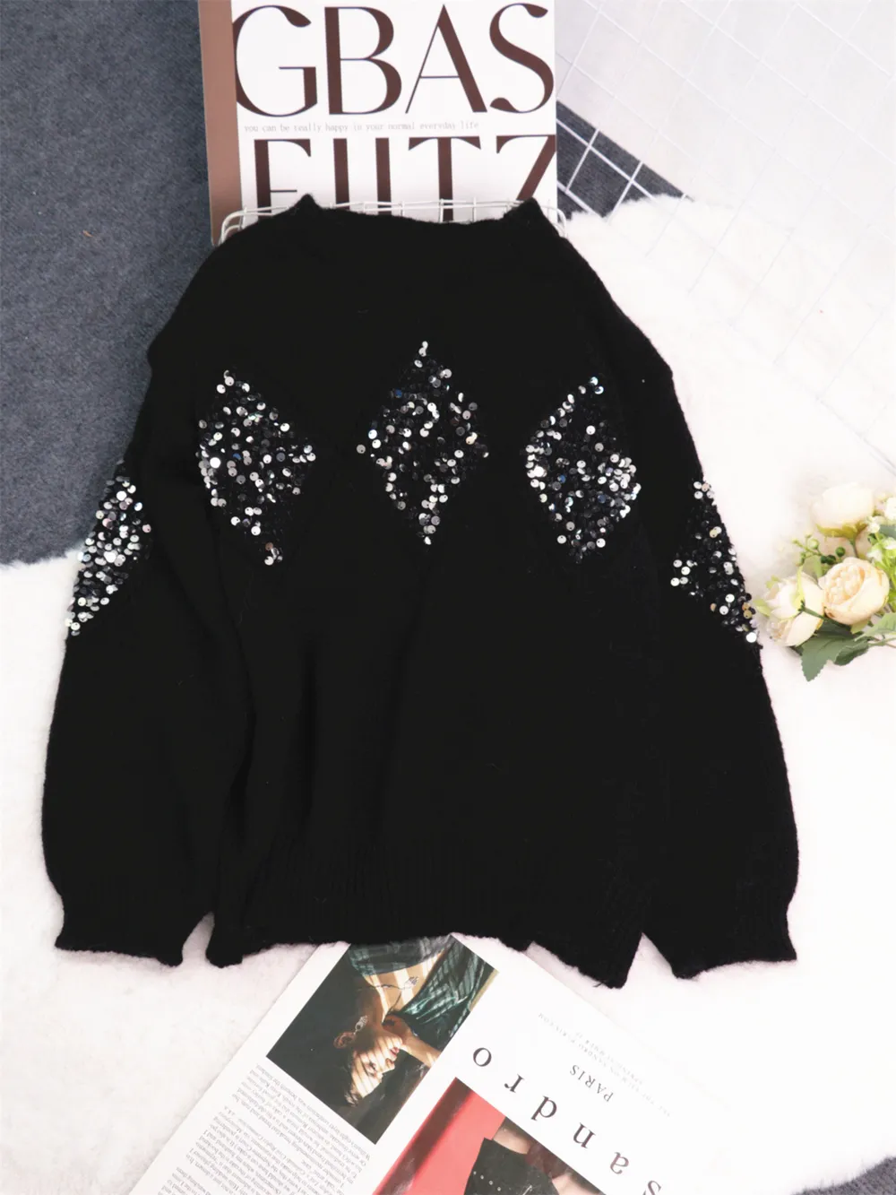 Sequined Diamond Pattern Oversized Sweater, image 10