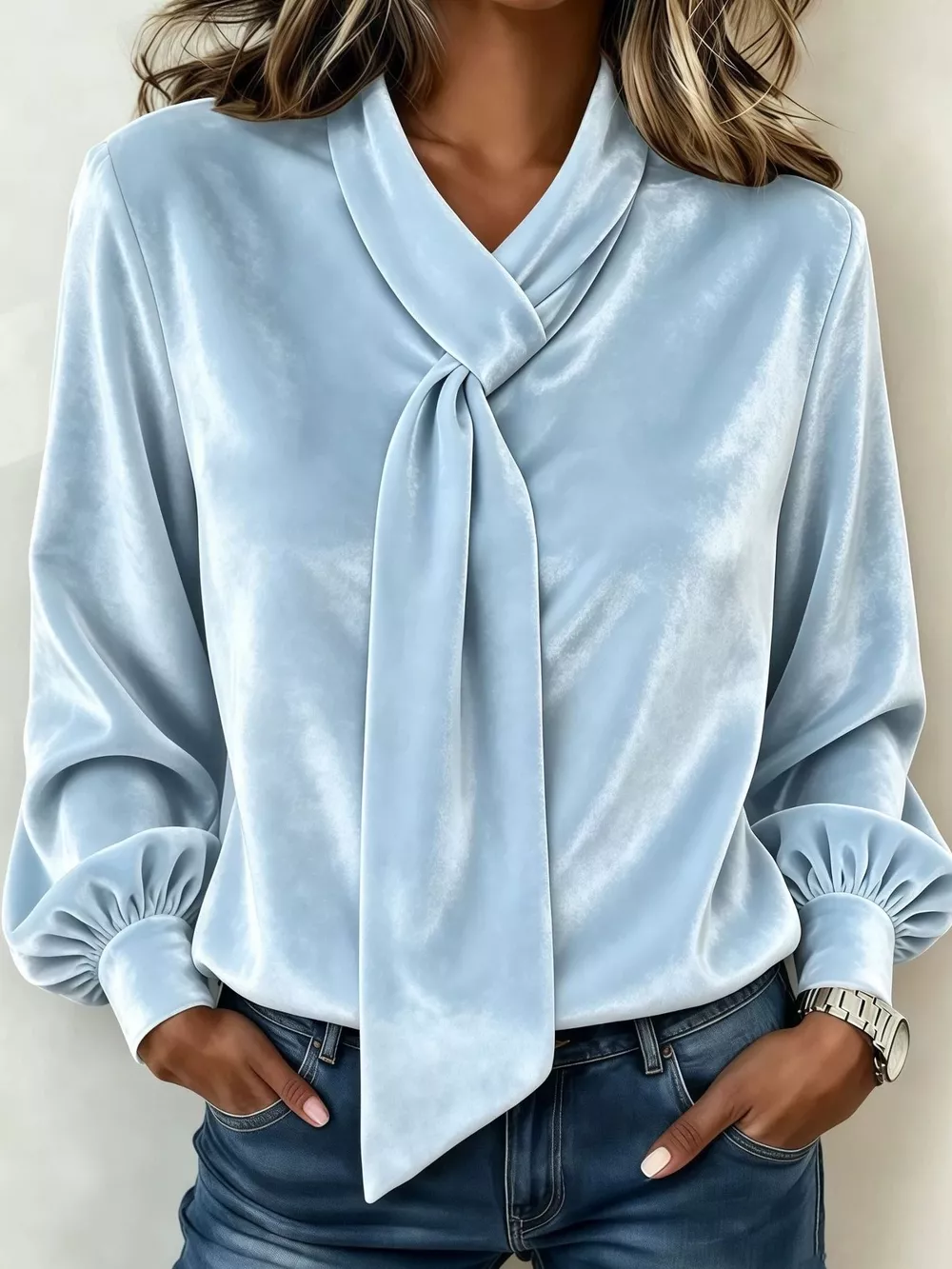 Full Size Velvet Tie-Neck Long Sleeve Top Plus Size, image 3
