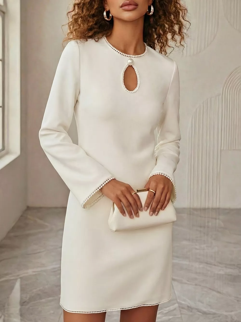 Keyhole Pearl Trim Mini Dress, image 3