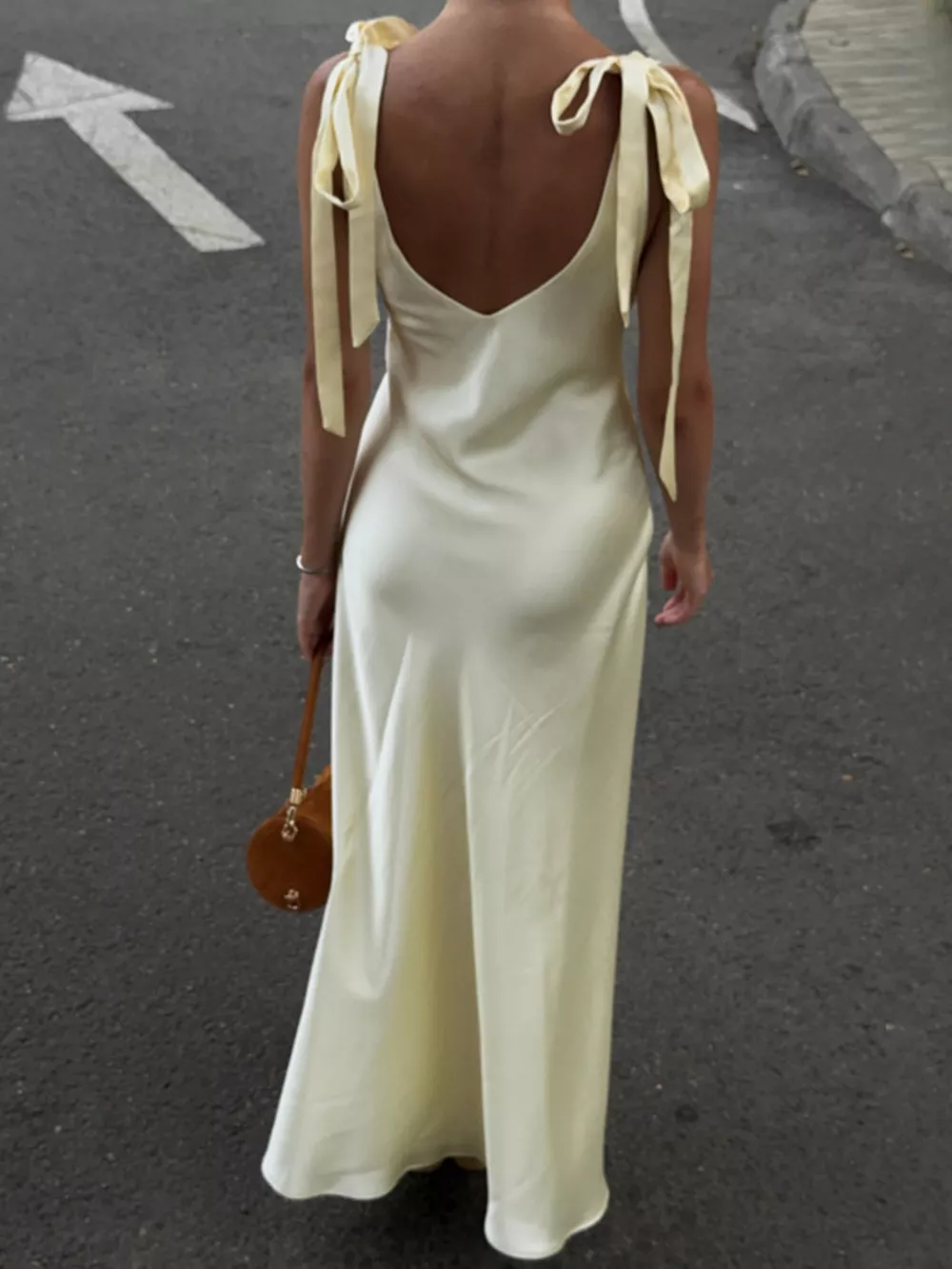 Satin Tie Shoulder Deep V-Neck Dress, image 3