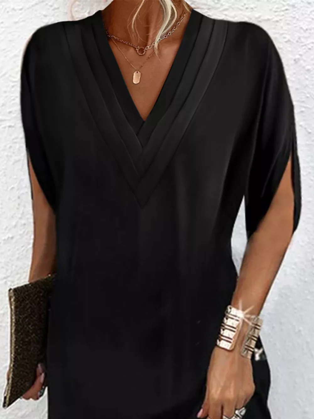 Full Size V-Neck Slit Sleeve Mini Dress Plus Size, image 15