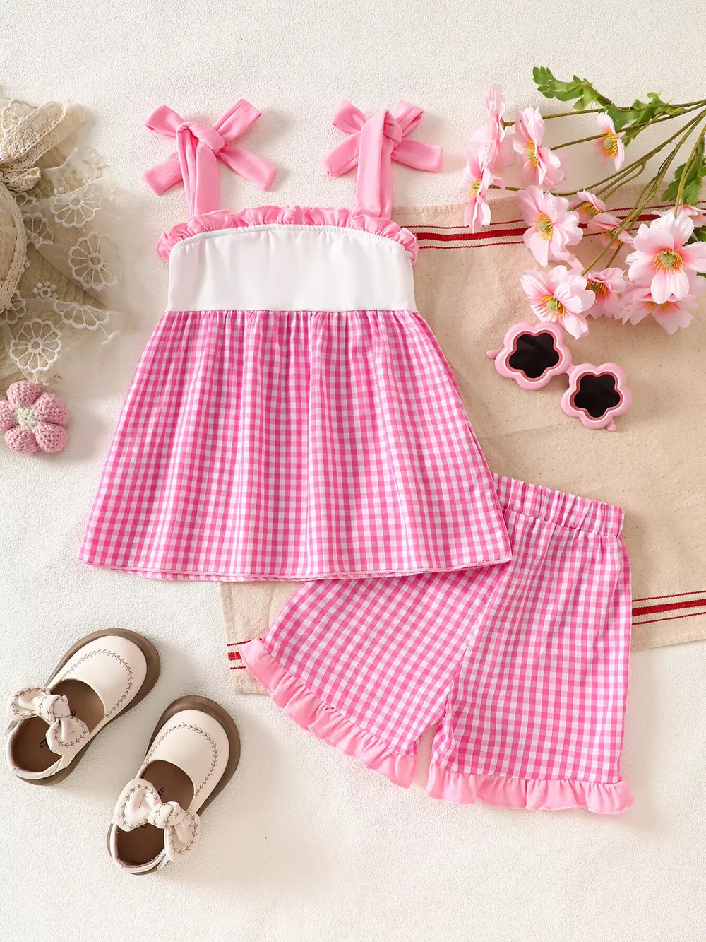 Children's Floral Applique Gingham Cami Top & Shorts Set, image 2