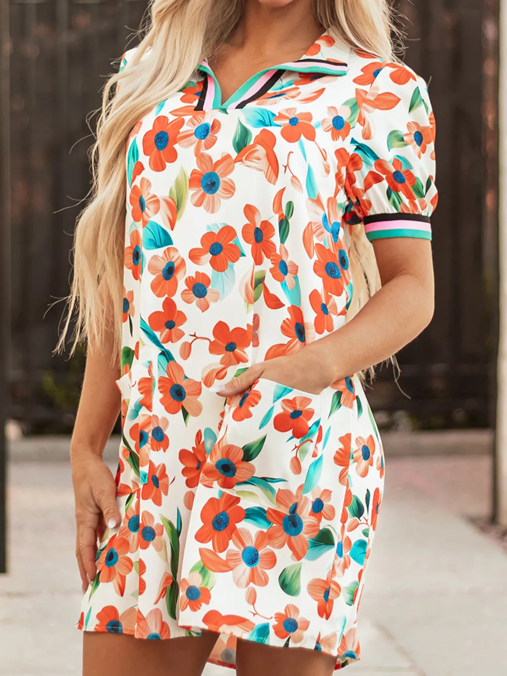 Contrast Trim Floral Split Neck Puff Short Sleeve Tiered Mini Dress, image 9