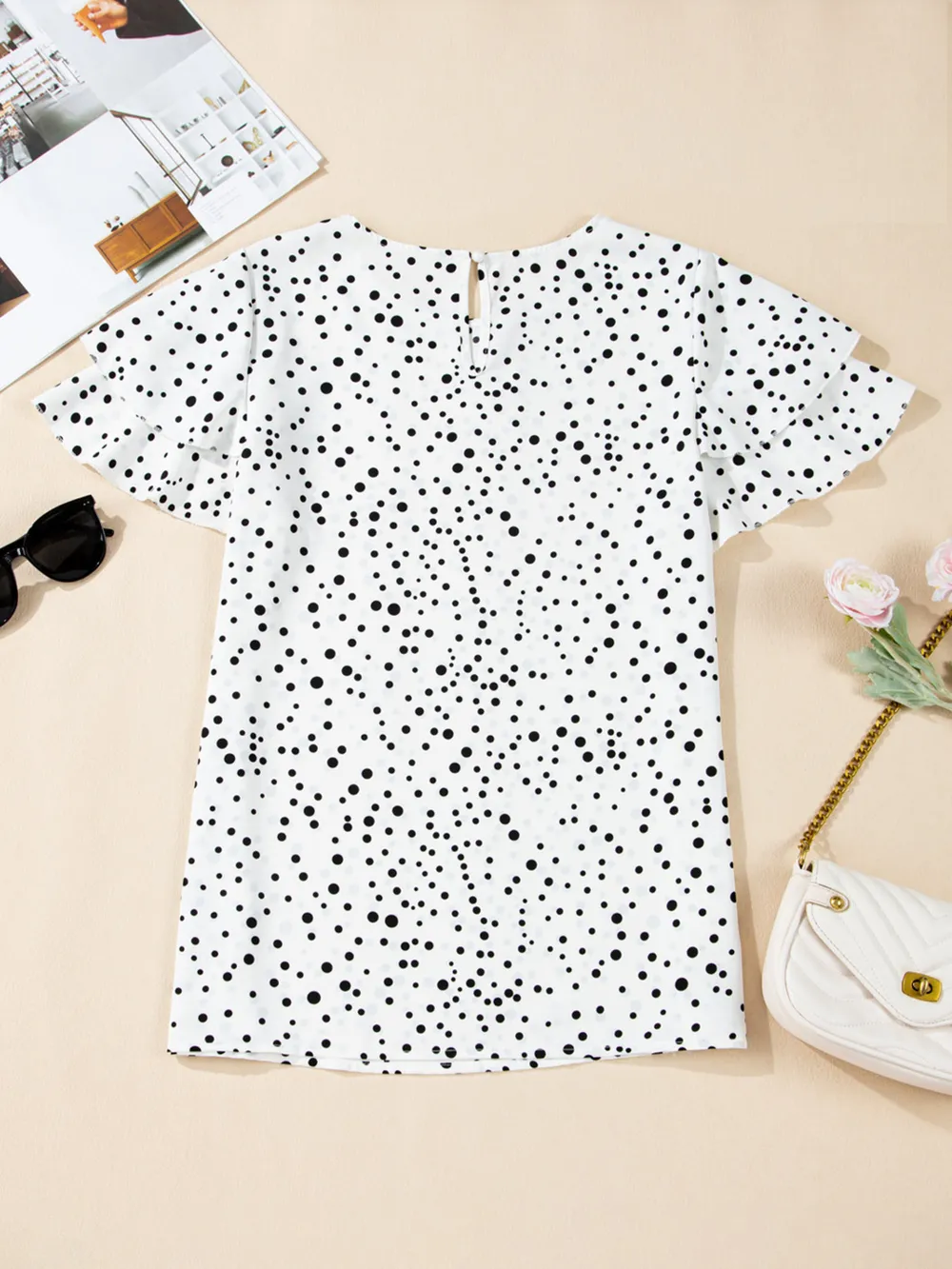 Polka Dot Layered Ruffled Short Sleeve Blouse, image 7