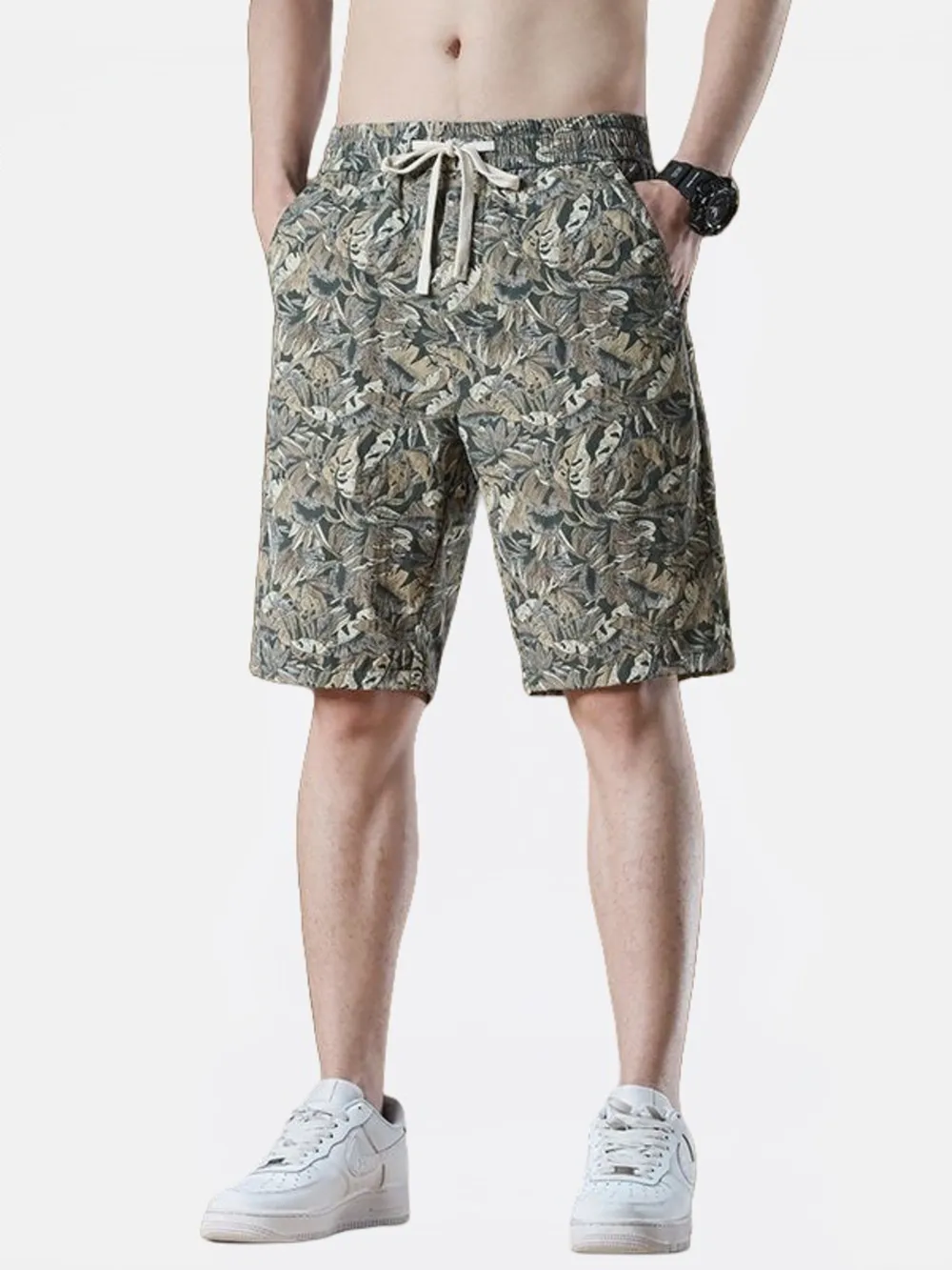 Men's Plus Size Drawstring Printed Wide-Leg Shorts