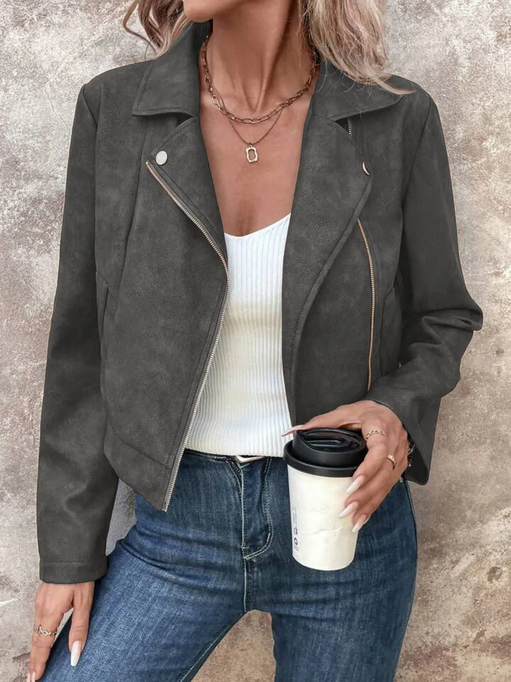 Zip Up Suede Cropped Moto Jacket, image 2