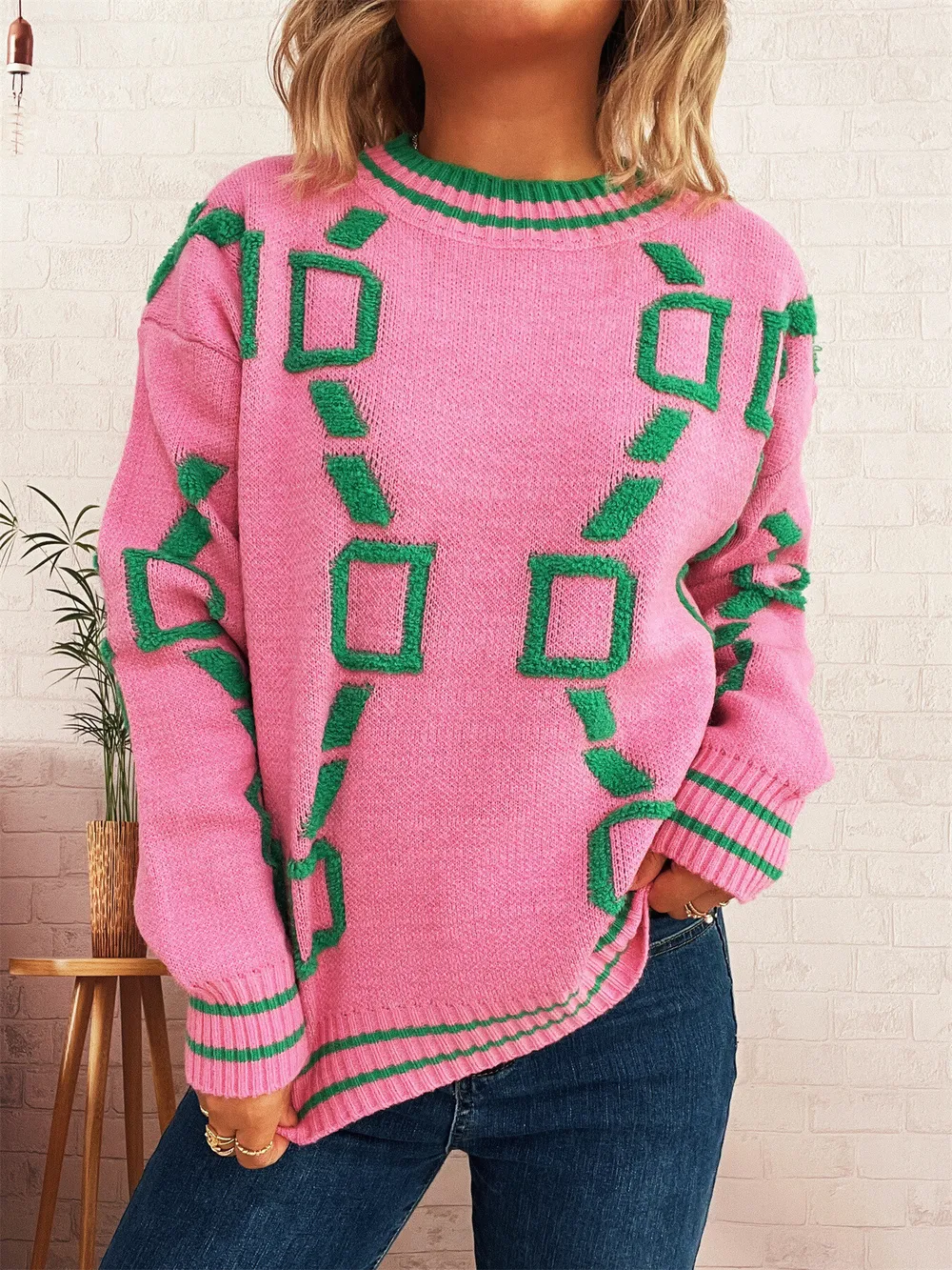 Contrast Round Neck Long Sleeve Sweater, image 5