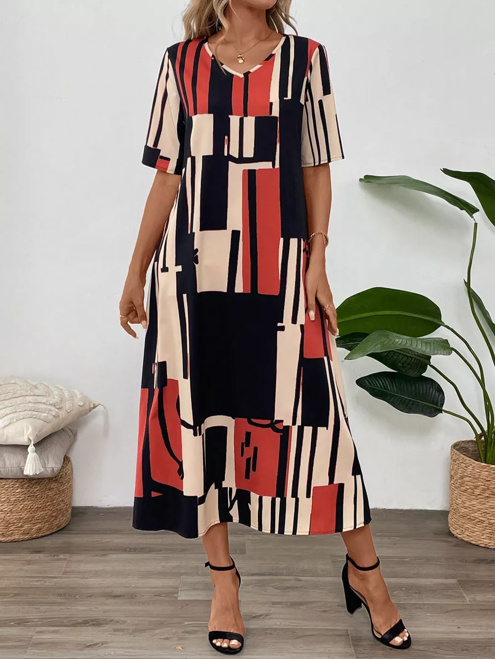 Abstract Geometric Print V-Neck Midi Dress