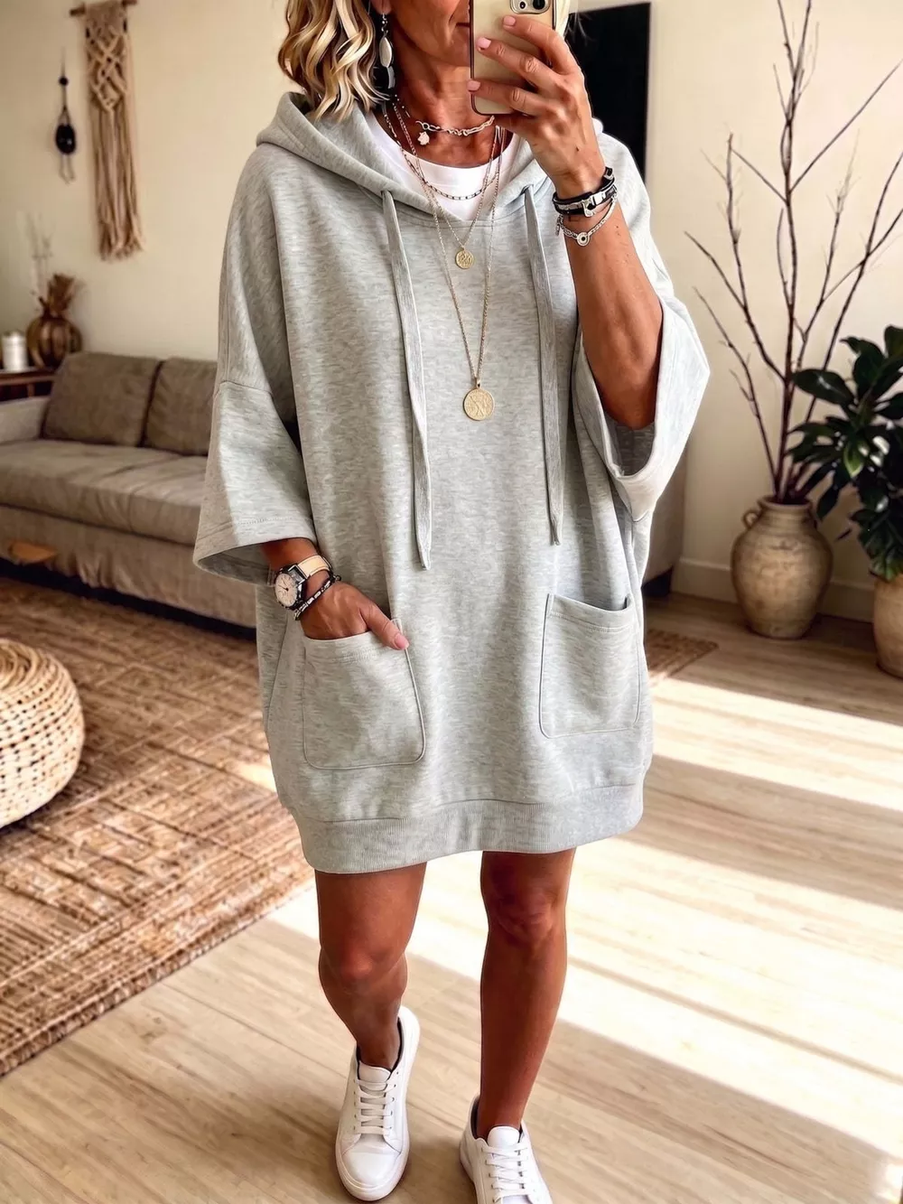 Drawstring Hoodie Dress with Pockets, image 3
