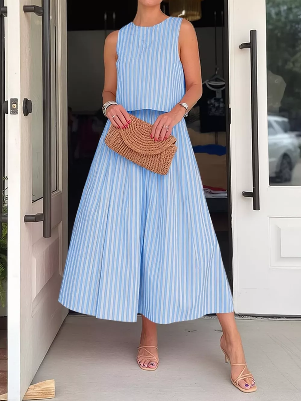 Striped Sleeveless Top and Midi Skirt Set, image 4