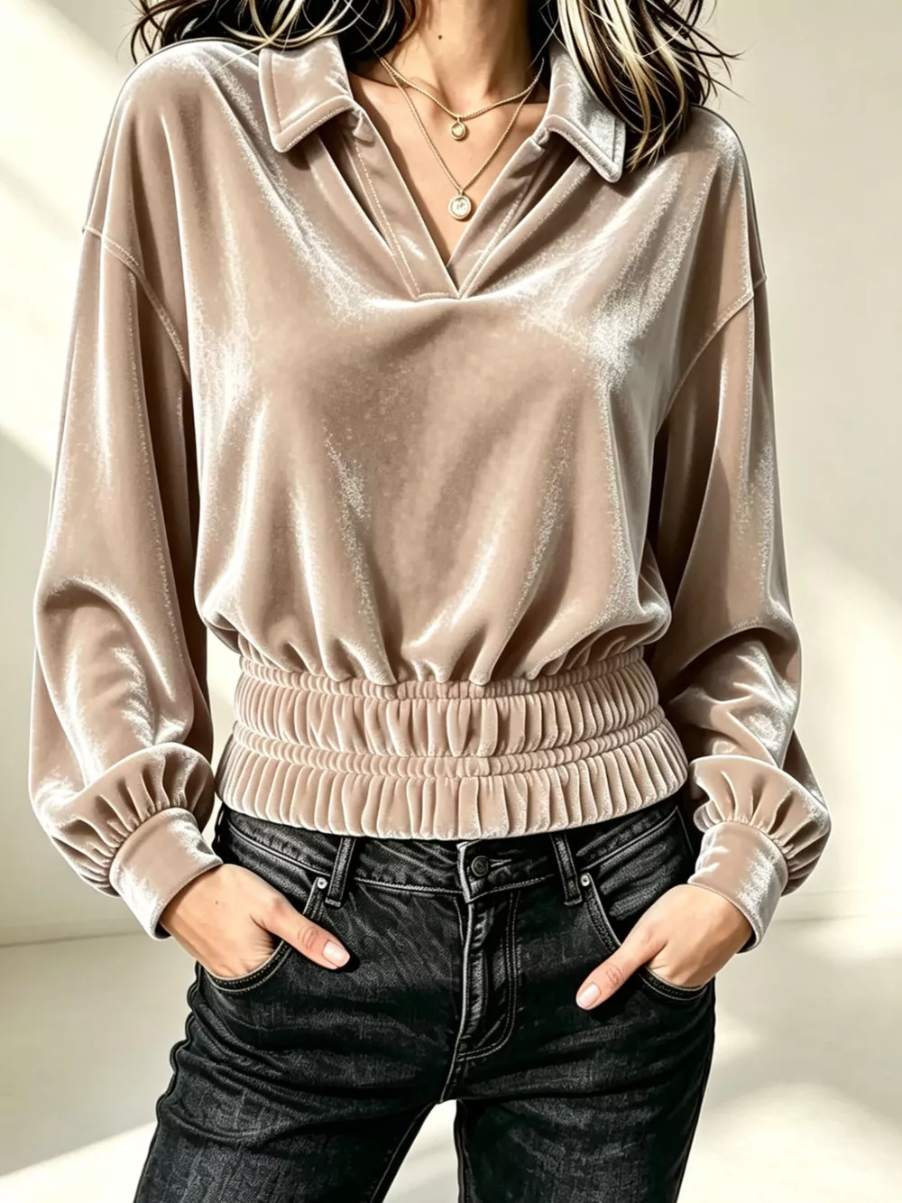 Velvet Johnny Collar Long Sleeve Blouse, image 3