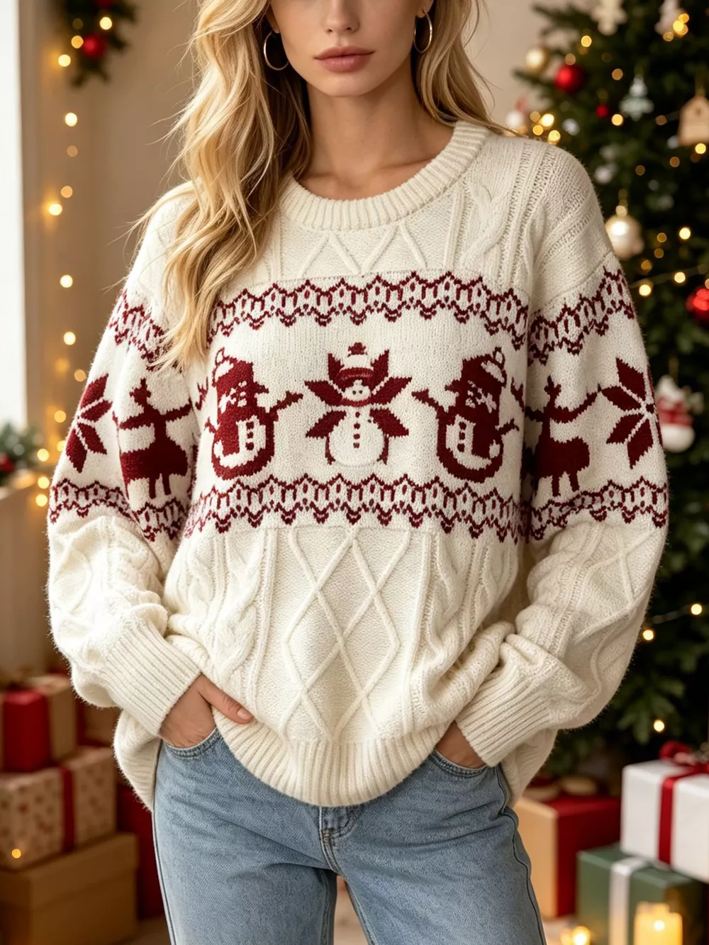 Christmas Snowman Pattern Cable Knit Sweater