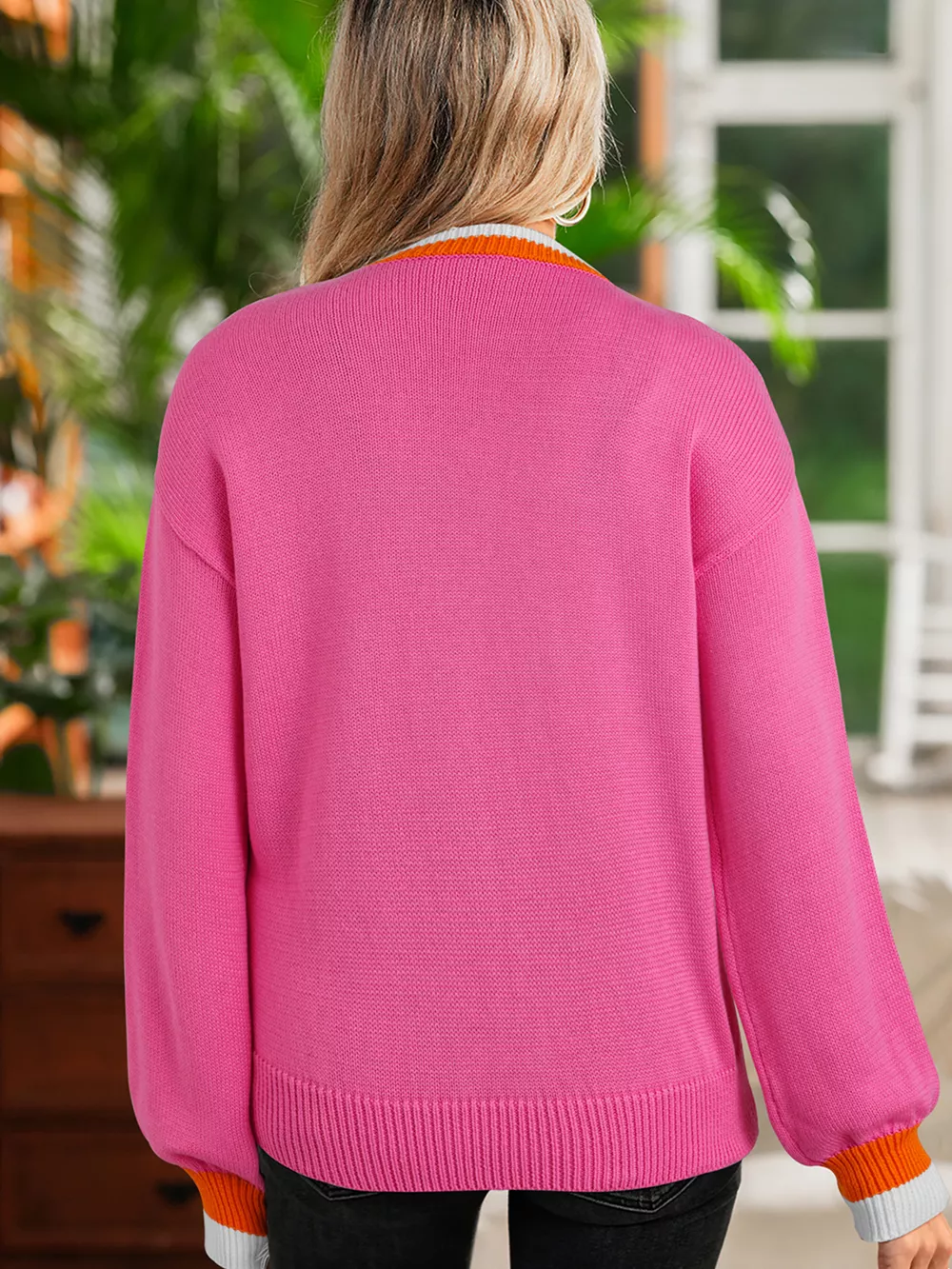 Contrast Crew Neck Pearled Decor Drop Shoulder Knit Sweater, image 3