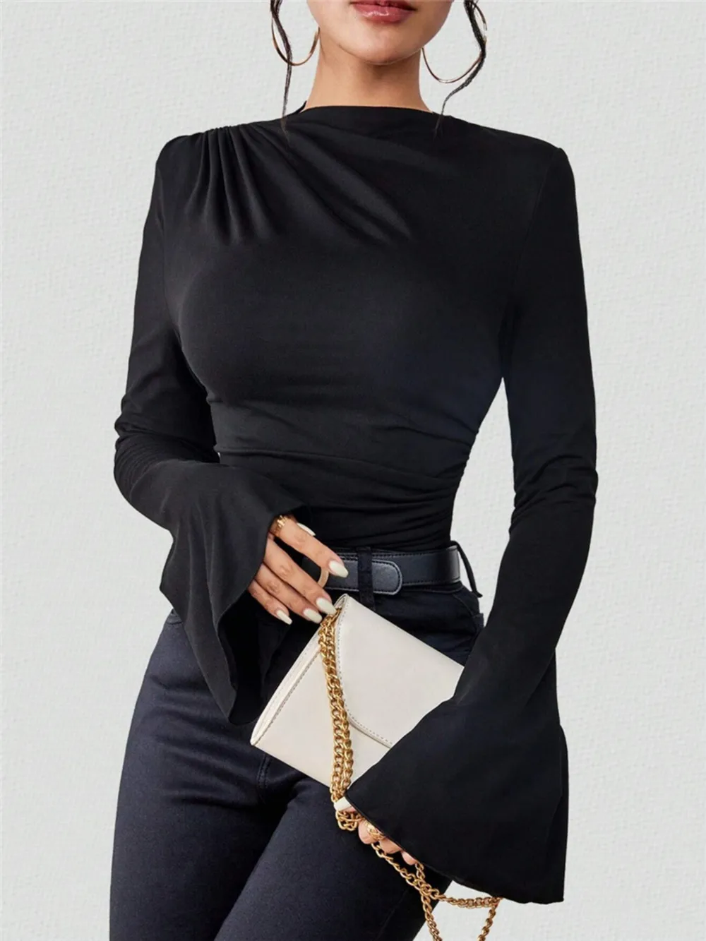 Bell Sleeve Ruched Fitted T-Shirt with Mock Neck, image 3
