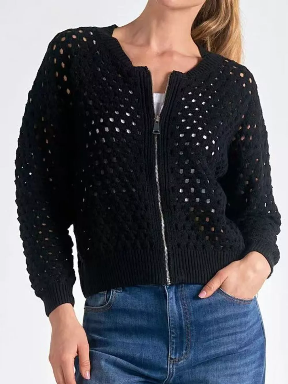 Full Size Zip Up Long Sleeve Cardigan with Eyelet Detail Plus Size, image 17