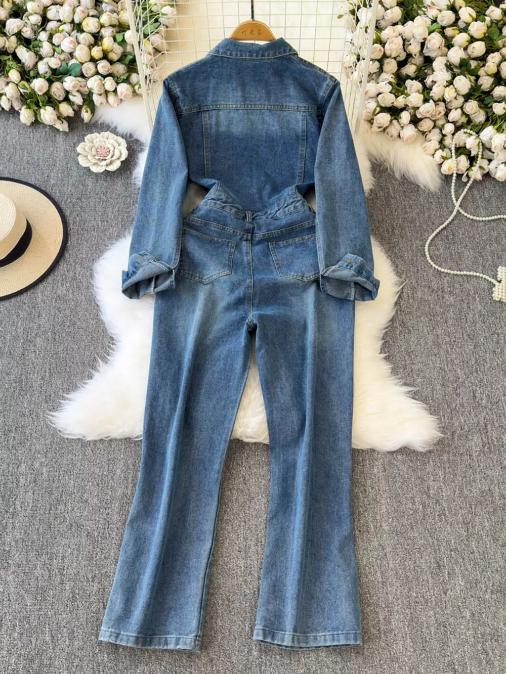 Button Front Wide Leg Denim Jumpsuit, image 2