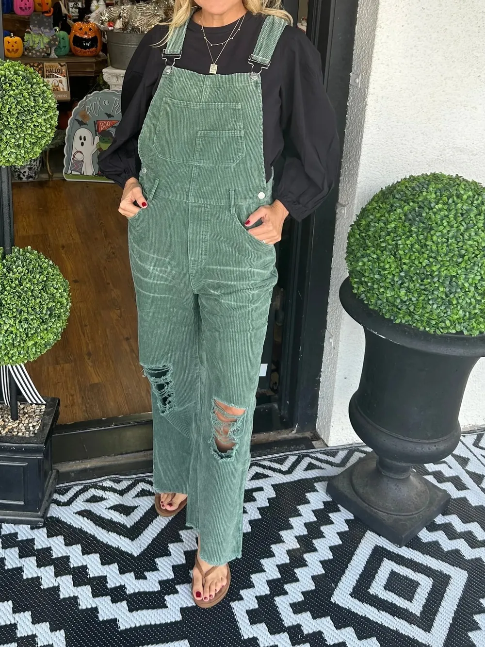 Distressed Wide Leg Corduroy Overalls, image 13