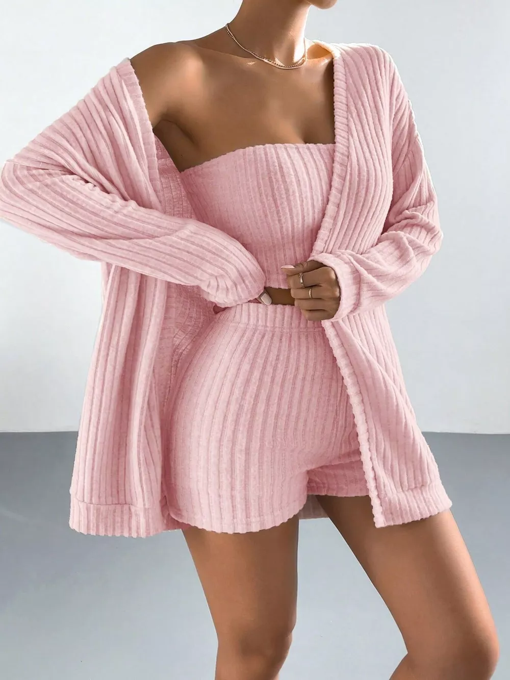 3-Piece Ribbed Knit Cardigan & Tube Top and Shorts Set, image 2