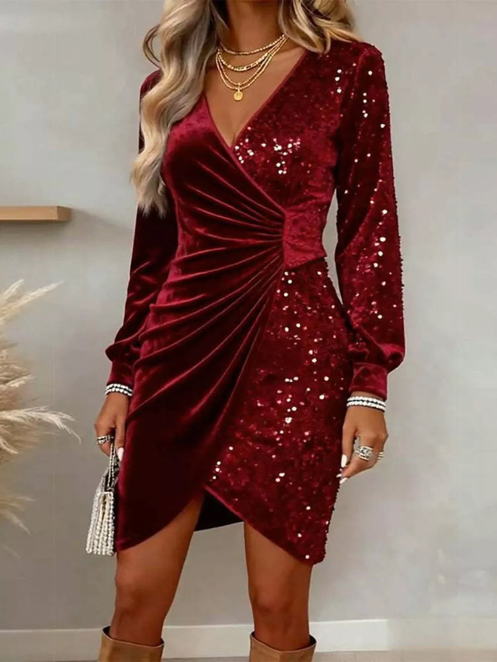 Velvet Sequin Long Sleeve Wrap Dress, image 8