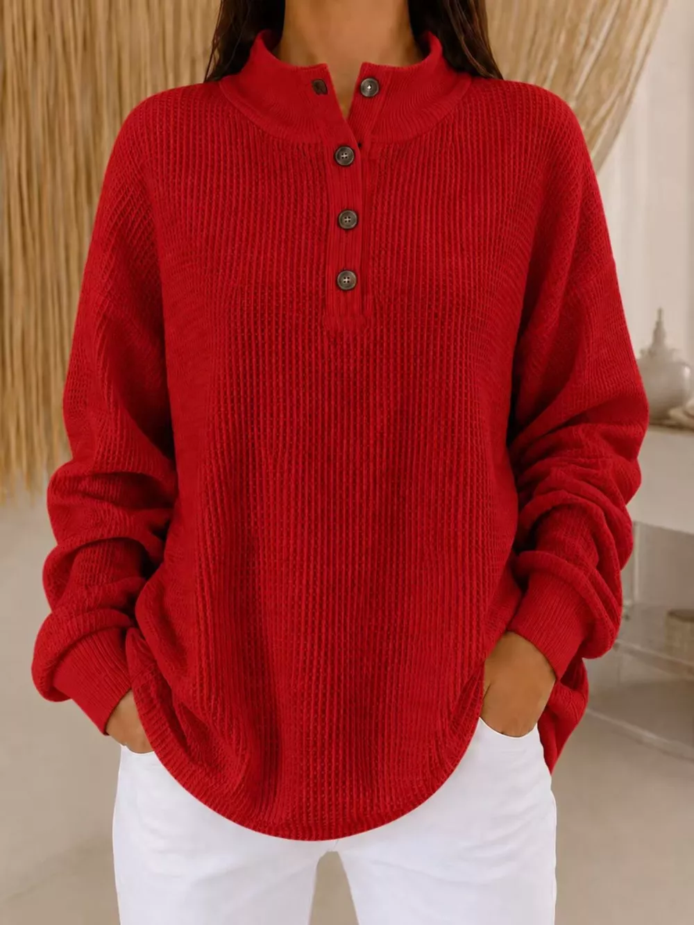 Full Size Waffle Knit Button Detail Sweatshirt Plus Size, image 6