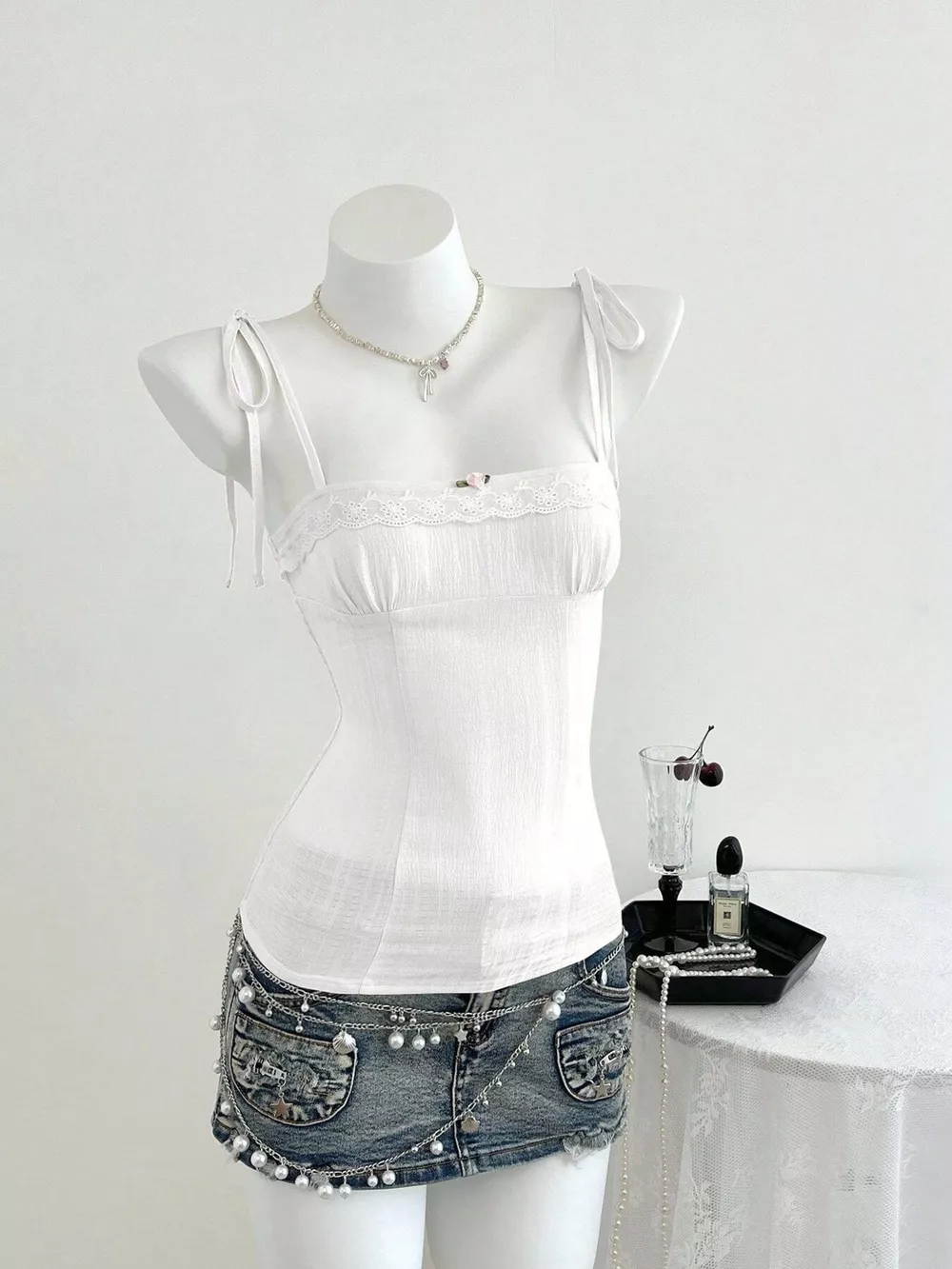 Lace-Trimmed Tie Shoulder Cami, image 9