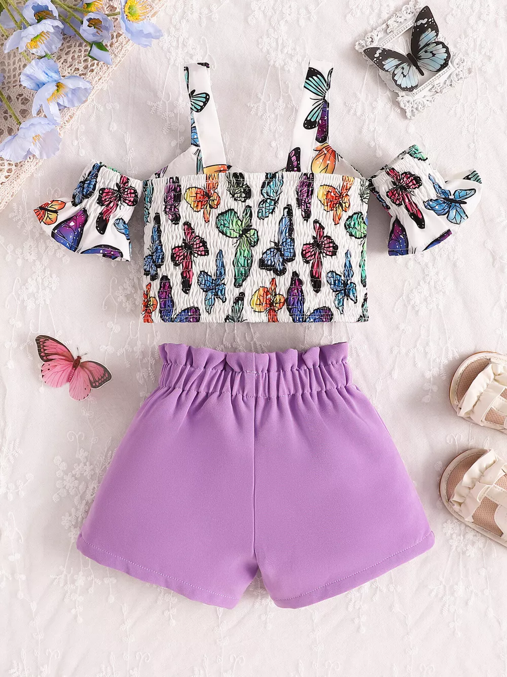 Children's Butterfly Print Bowknot Crop Top & Ruffle Shorts Set, image 8