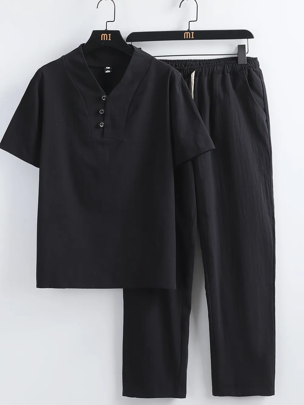 Men's Plus Size V-Neck Short Sleeve Top and Pants Set, image 2