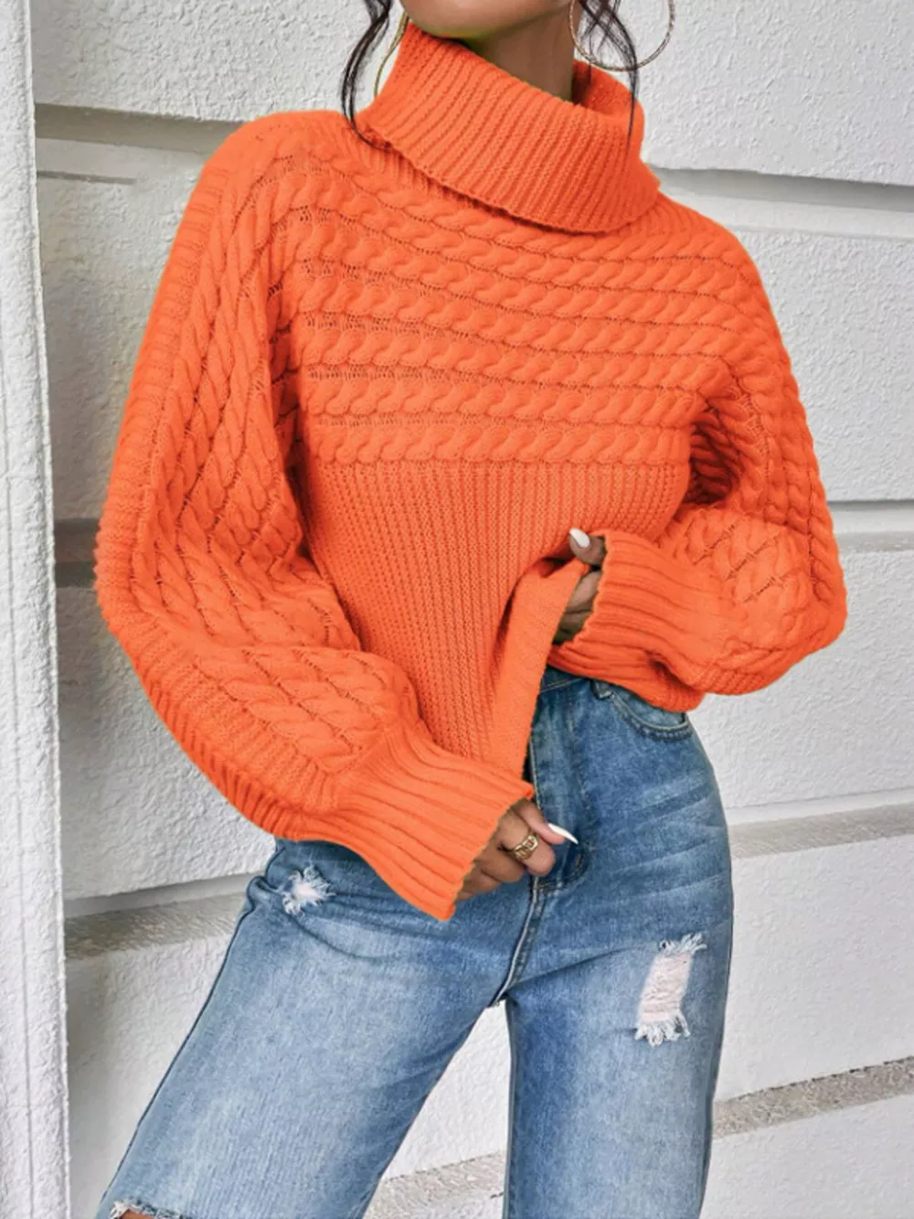Textured Knit Turtleneck Long Sleeve Sweater, image 7