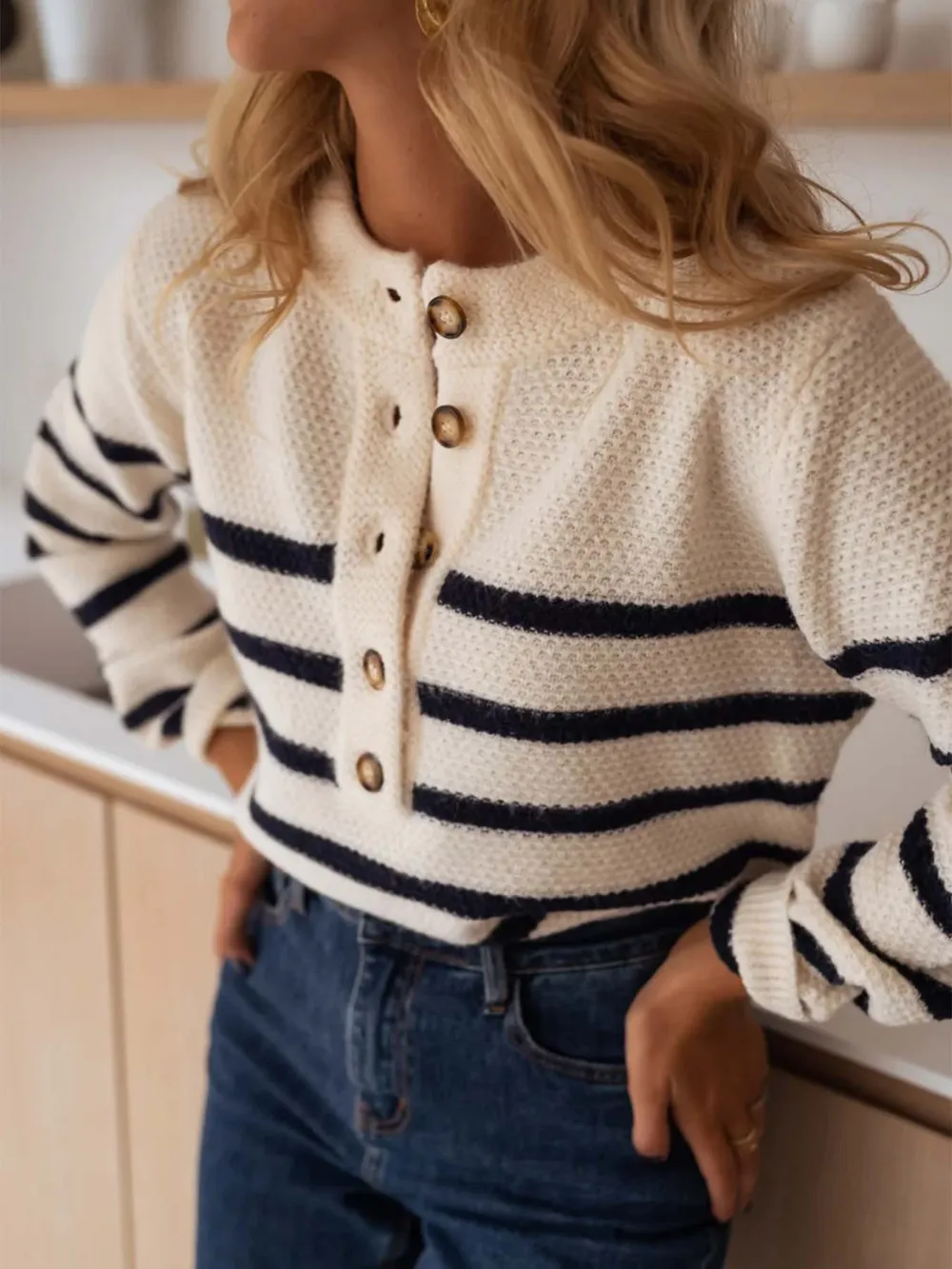 Striped Button-Front Sweater