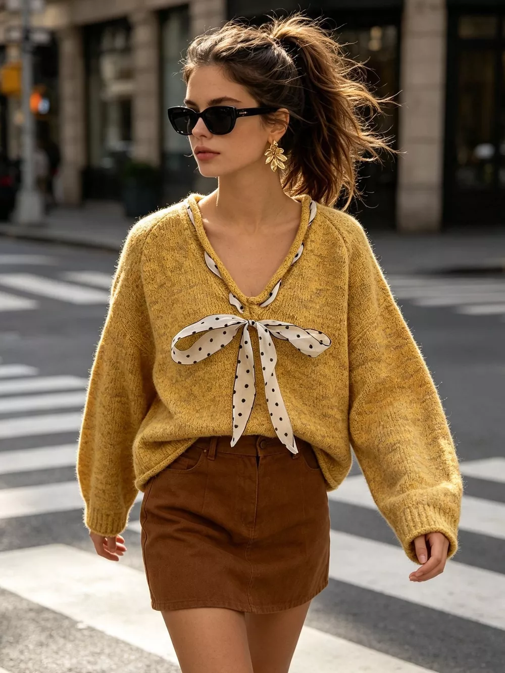 Chic V-Neck Sweater with Polka Dot Ribbon Tie, image 23