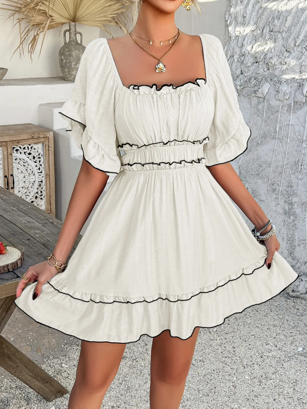 Square Neck Ruffle Trim Mini Dress