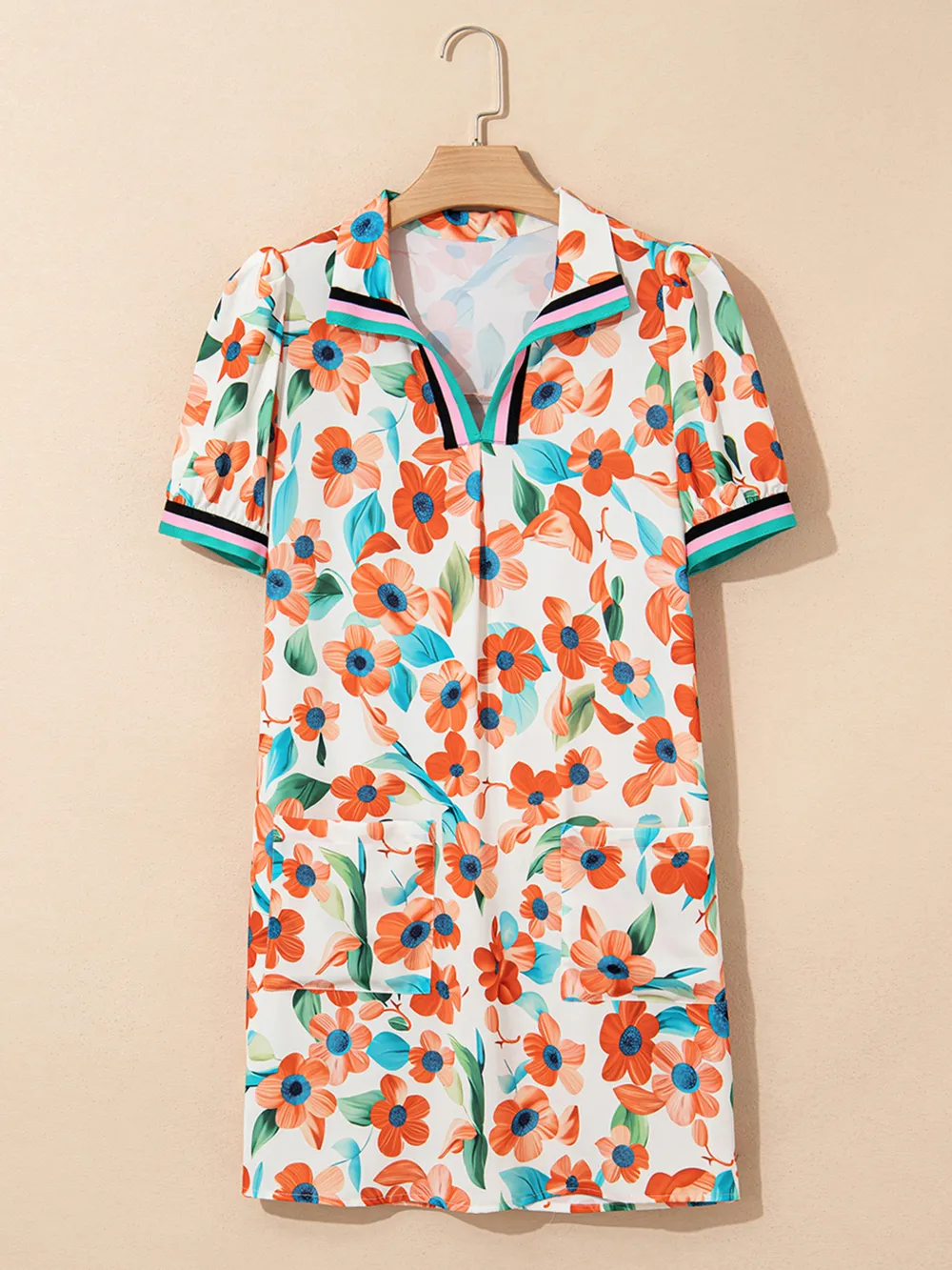 Contrast Trim Floral Split Neck Puff Short Sleeve Tiered Mini Dress, image 10