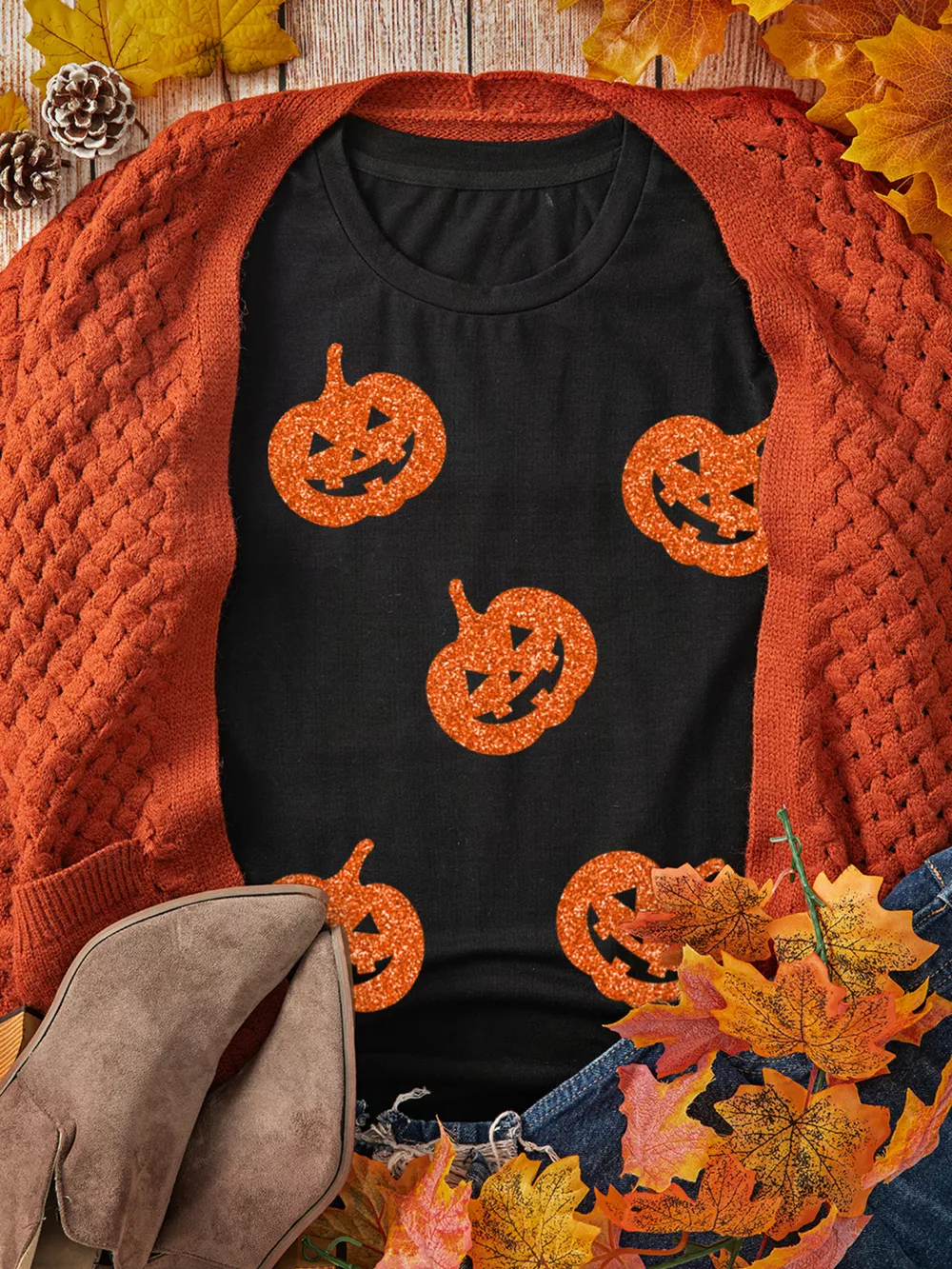 Glittering Pumpkin Face Crewneck Halloween T Shirt, image 5