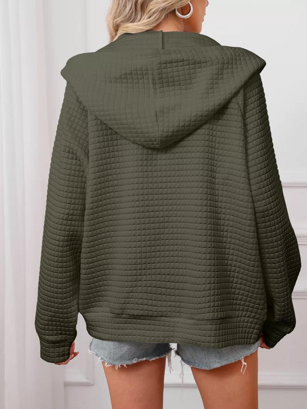 Full Size Textured Quilted Zip-Up Hooded Jacket Plus Size, image 9